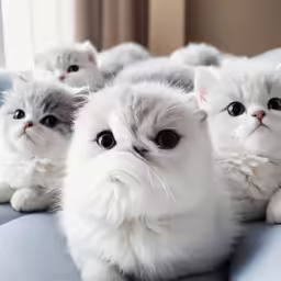 three kittens sit on the bed with their paws on their feet