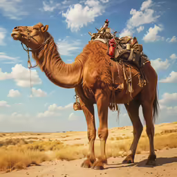 a camel with a load on its back walking in the desert