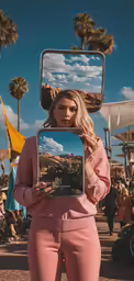the woman is holding her picture as she takes it out of the box