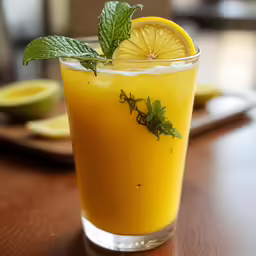 a glass with a yellow drink and some green leaves