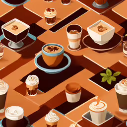 coffee cups and plates on brown background with orange walls,a bunch of cups of coffee, coffee drinks and doughnuts are arranged on a tiled pattern