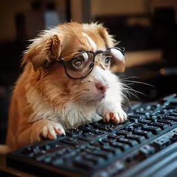 a dog with glasses looking sad sitting in front of a keyboard