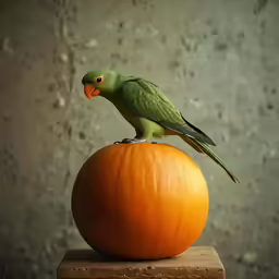 a small green bird perched on top of a small orange
