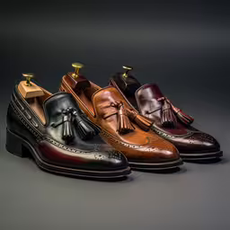 three leather tasseled shoes sit on the ground,three different colored shoes and one is brown