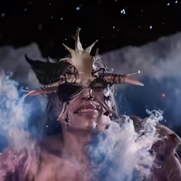 a man dressed in a horned garb with blue smoke around his face