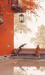 a woman in an orange coat is looking at a pair of geese sitting on a bench