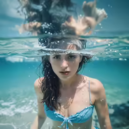 a young woman in a bikini swims through water