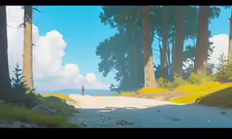 person walking away on a path that leads to a trail that is lined with tall trees