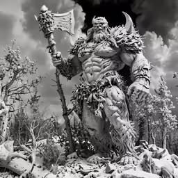 a giant statue holding a spear and a large animal
