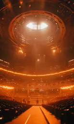 large auditorium with bright lighting and large round stage