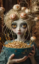 a woman in blue holding a blue bowl of food with weird hair