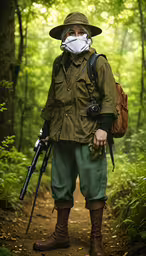 a person wearing a hat and jacket holding a gun,a soldier in the woods with a gun