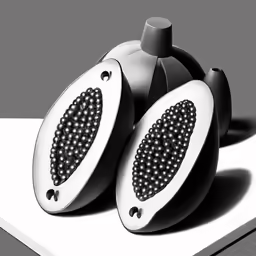 two speakers are on top of a table