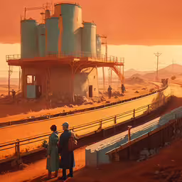 people watch as the sun sets over an oil processing plant,a couple of people standing next to a train