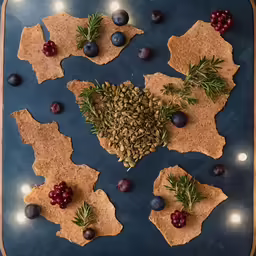 crackers decorated with dried cranberries and pine seeds