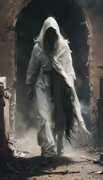 a dark person in a white hooded costume is walking in the street