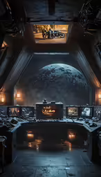 a kitchen with lights is shown in a futuristic setting