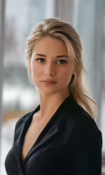 a woman in a black top poses for a photo