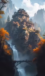 a beautiful castle surrounded by waterfall and mountains