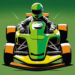 a man driving a small green and yellow car,a man is driving his race car through the air