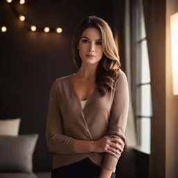 a woman stands in a dimly lit room wearing an brown cardigan and black slacks