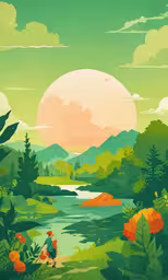 the image is an illustration of a person in the sun,a scenic landscape is shown with green and pink flowers