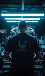 the man in black is standing in front of a table