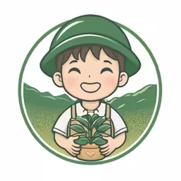 a picture of a little boy holding a potted plant