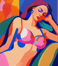 a painting of a woman sitting in a bed,an artistic, colored illustration of a female with breast