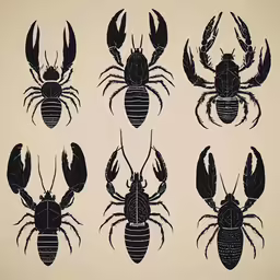 six sea lobsters drawn in different sizes and colors