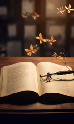 a book with a branch sitting on it next to an open book