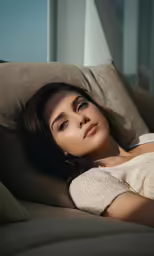 a young woman lying down on a couch in a bedroom