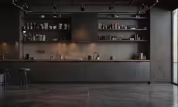 a black room with some shelves and stools