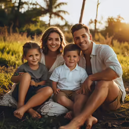a family sitting together in the grass together