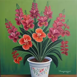/tmp/FOORL5iq3.jpg = a painting of a white pot filled with orange flowers
,/tmp/FOORL5iq3.jpg = painting of large colorful flowers in an orange and pink pot
,/tmp/FOORL5iq3.jpg = this is a painting of flowers that are red
,/tmp/FOORL5iq3.jpg = a painting of a white pot with red flowers
,/tmp/FOORL5iq3.jpg = a painting of flowers is on display in a pot
,/tmp/FOORL5iq3.jpg = painting of purple and red flowers in a pot
,/tmp/FOORL5iq3.jpg = the painting depicts many pink and orange flowers
