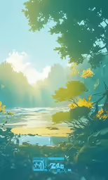 a blue and yellow poster with water, forest and sun beams