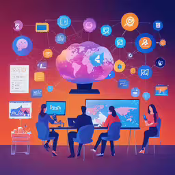 people are sitting around a computer with social icons above them,people working on laptops, and on desktop computers with social media icons