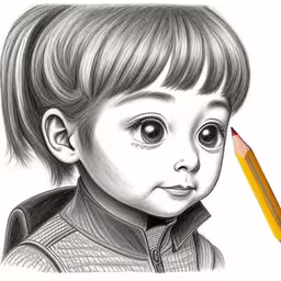 a pencil drawing of a little girl with large eyes and bangs,a child with a pencil in it