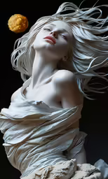 a girl in a frilly flowing dress with her hair flying