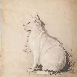 a white dog sitting on the ground staring up