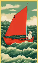 the man sitting in a red boat on top of a wave,the red sail boat is in choppy water