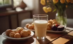 there is a glass and plate of pastries on the table
