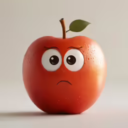 a close up of a red apple with eyeballs
