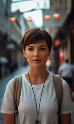a woman walking down a narrow street with an unkempt look