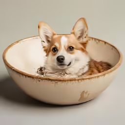 a corgi dog inside a bowl on the floor
