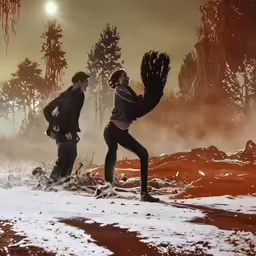 two male with their heads turned to the opposite direction are running through snow