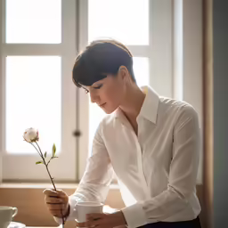 the woman in white is holding a rose with two hands