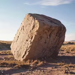 a large rock is sitting in the middle of a desert