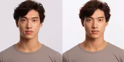 two photos of a young man with brown hair,two pictures of a young asian man with his eyes closed