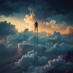 a man standing on a ladder reaching into the clouds